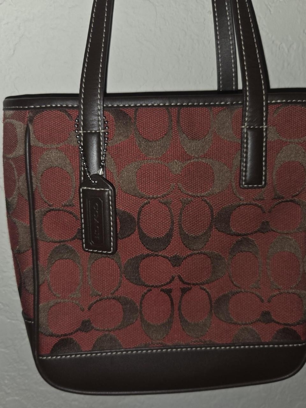 Coach Signature Canvas Tote in Red and Brown Leather Trim
